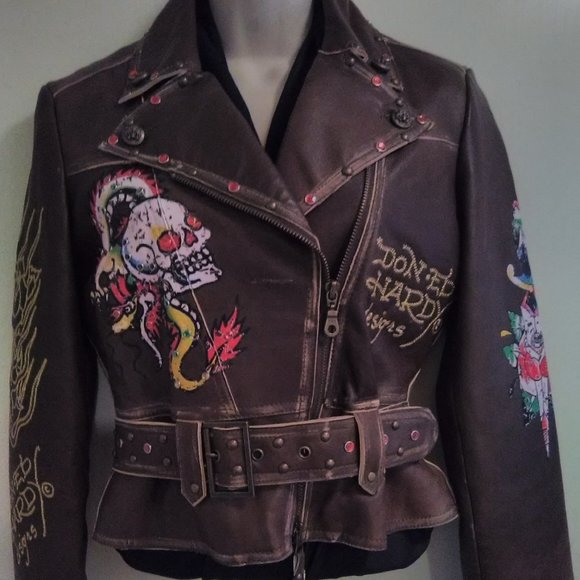 Ed Hardy Brown Leather Jacket Sz XSmall Crossover Biker Style NWT - Picture 3 of 13